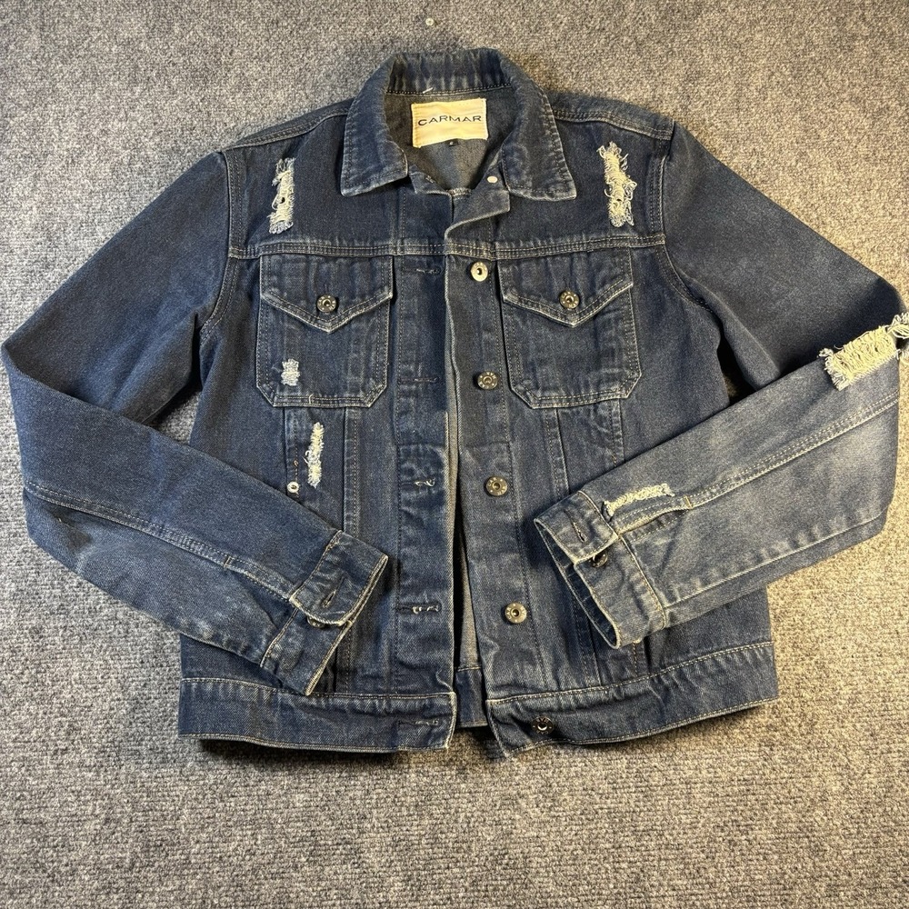 Carmar Denim Jacket Womens Small Dark Wash Distressed Ripped Cotton Jean Trucker